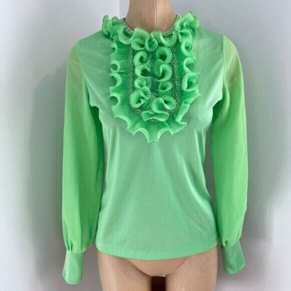 Vintage Young Con tempos Womens XS S Green Regal Ruffled Blouse Shirt Frill - Picture 10 of 16